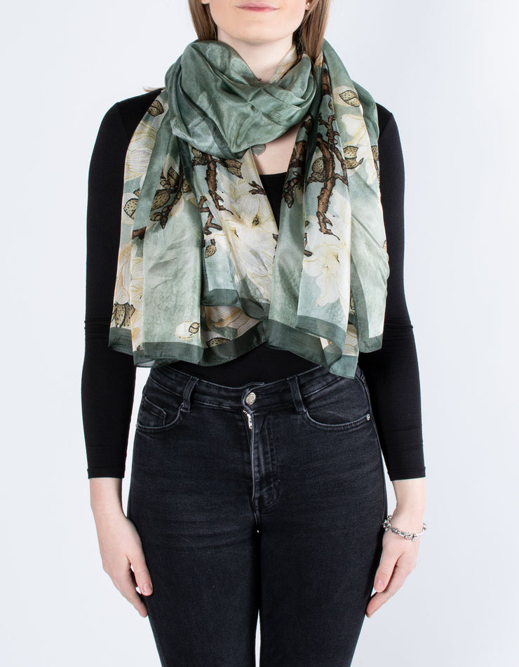Sea Green Floral Branch Silk Scarf