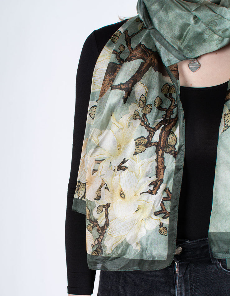 Sea Green Floral Branch Silk Scarf