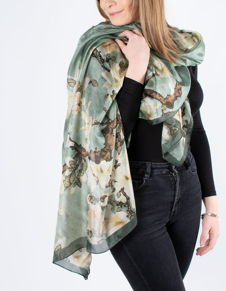 Sea Green Floral Branch Silk Scarf