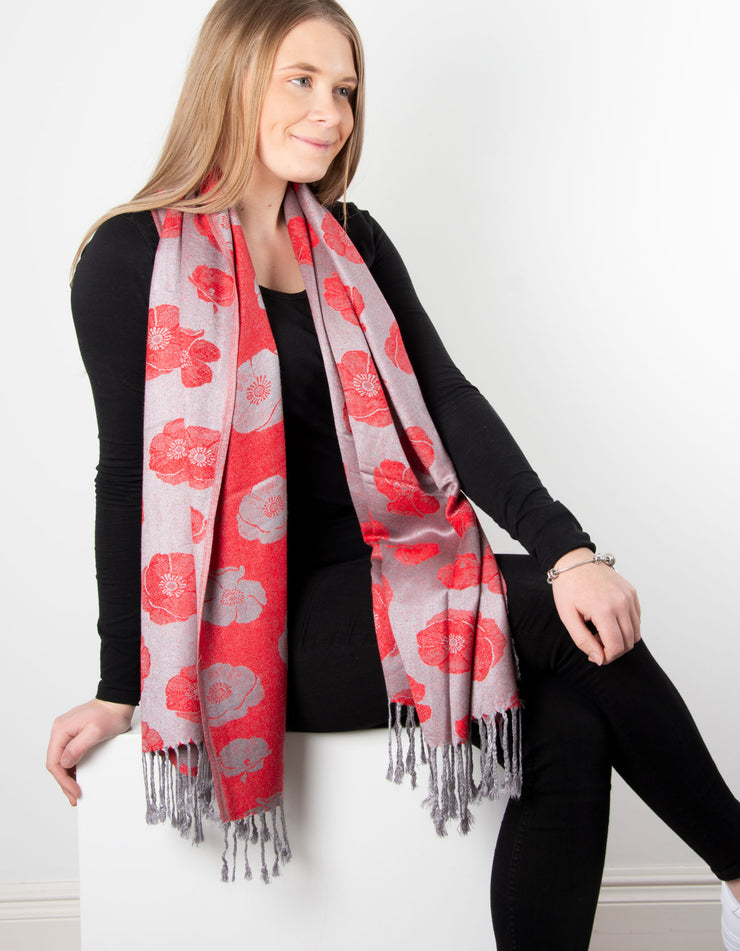 Silver Poppy Patterned Pashmina