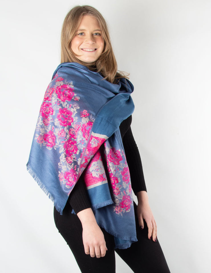 Steel Blue And Hot Pink Floral Panel  Patterned Pashmina