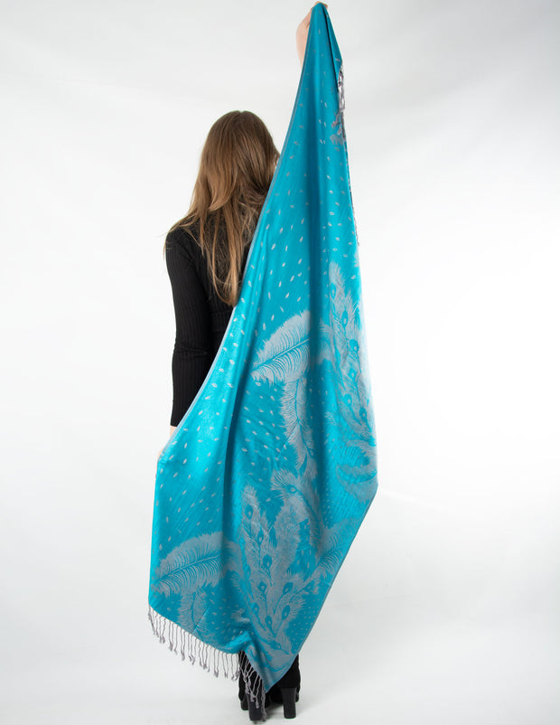 Turquoise Blue And Silver Feather Print Pashmina