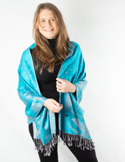Turquoise Blue And Silver Feather Print Pashmina