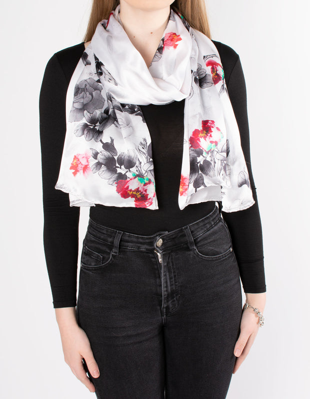 White Floral Slim Silk Scarf