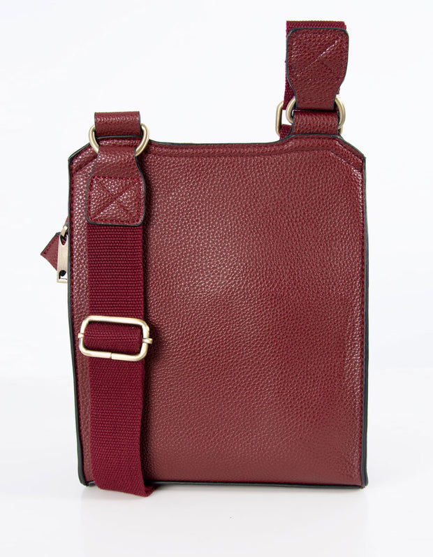 An image showing a wine coloured messenger bag.
