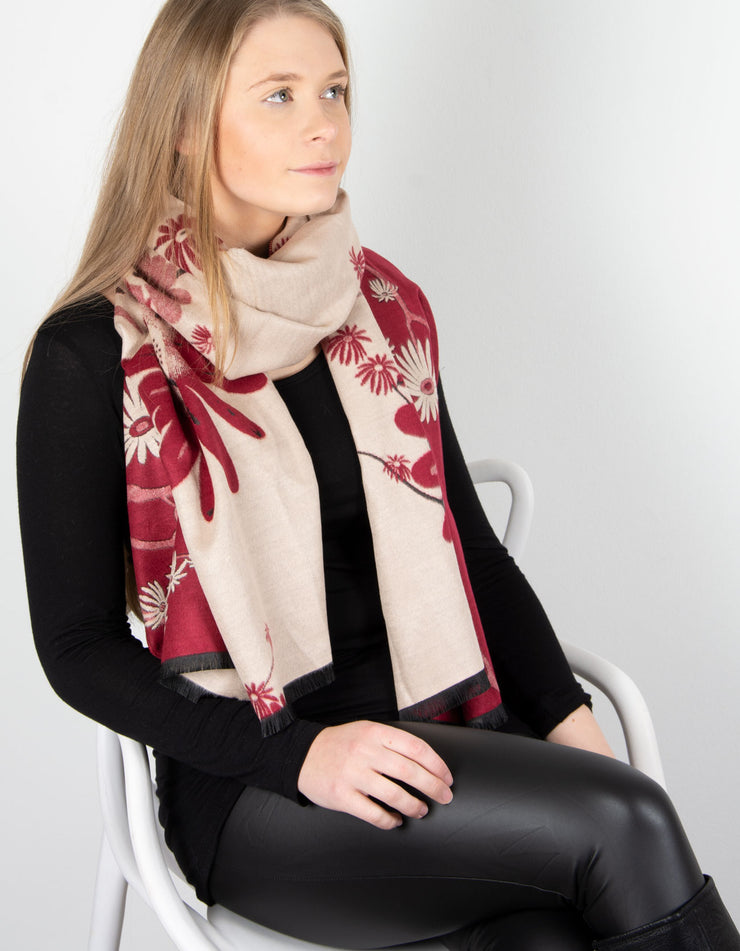 Winter Floral Pashmina | Red & Beige