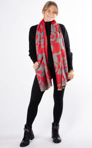 Winter Scarf | Flower Print | Grey & Red