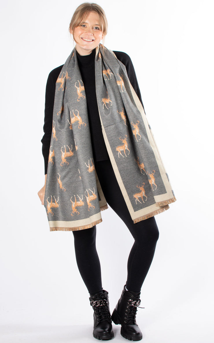 Winter Scarf | Reindeer Print |  Light Grey