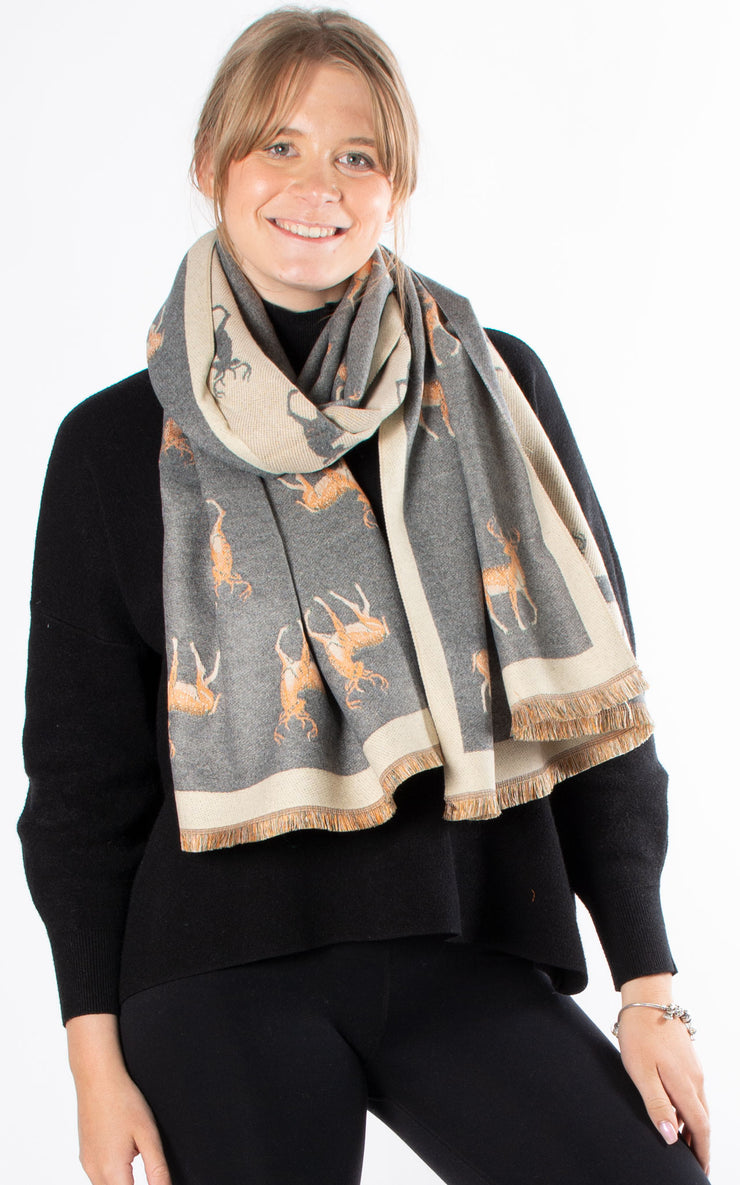 Winter Scarf | Reindeer Print |  Light Grey