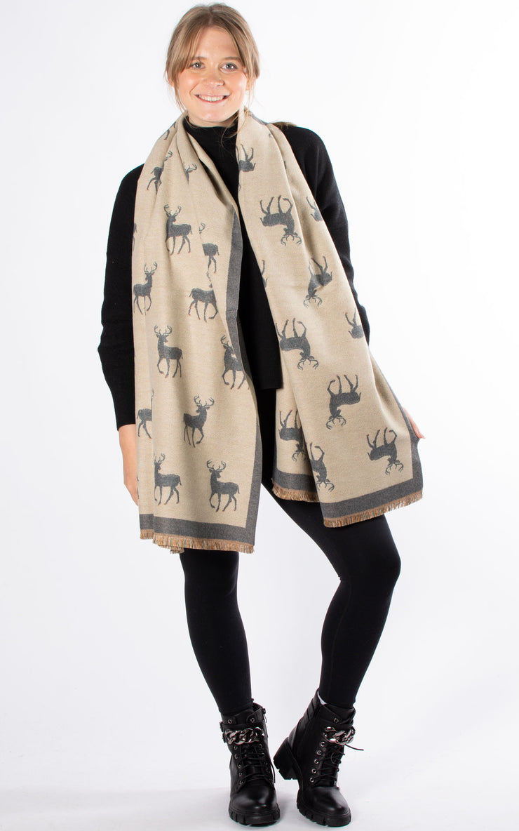 Winter Scarf | Reindeer Print |  Light Grey