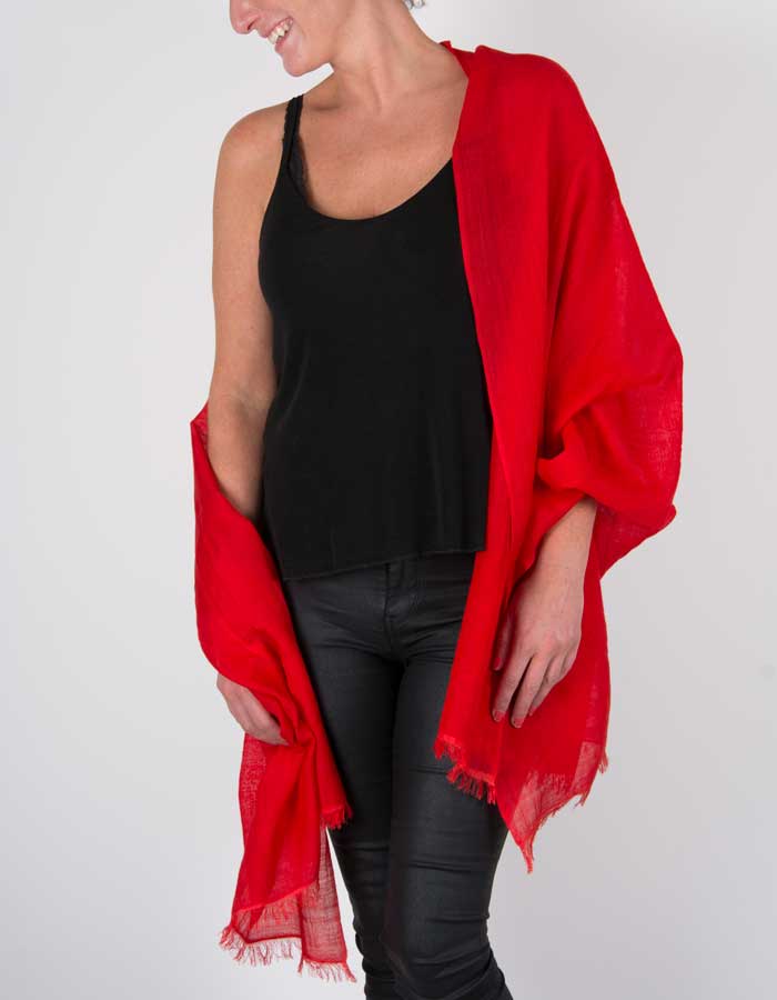 an image showing a silk wool mix pashmina in red