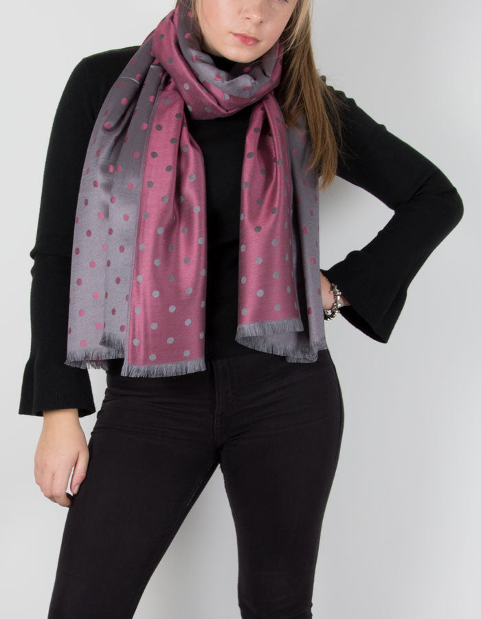 Grey And Pink Polka Dot Patterned Pashmina