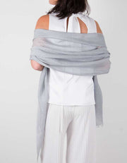 an image showing a silk wool mix wedding shawl in silver grey