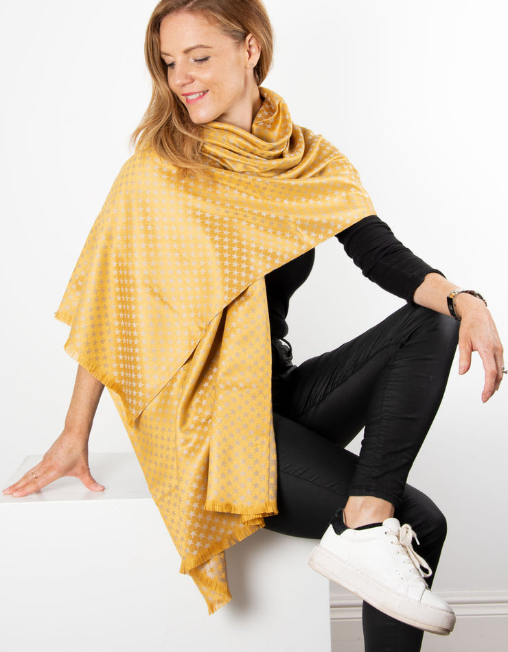 Yellow Star Print Patterned Pashmina